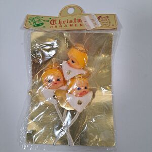 VTG Christmas Angel Stick Ornaments Picks Japan 3 Rare Blue Side Eye Blonde 50s